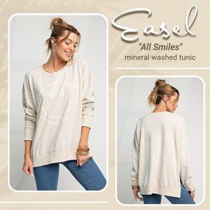 EASEL "All Smiles" 100% Cotton Mineral Washed Cute Smiley Face Tunic, Side Slits